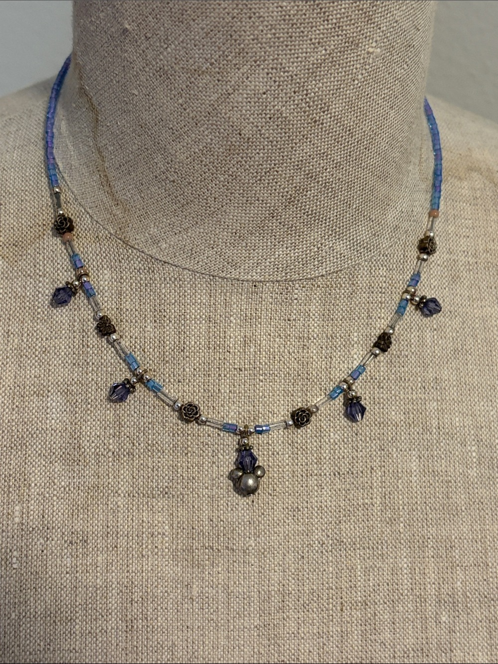 Disney Blue Purple Beaded Silver Mickey Rose Charm Necklace - 16in Women Jewelry